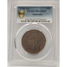 AUSTRALIA 1946 . ONE 1 PENNY . PCGS MS63BN